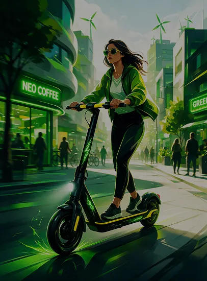 Femme roulant sur une trottinette électrique dans une ville verte et futuriste
