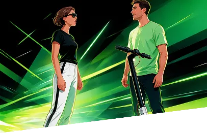Jeune homme et femme échangeant à côté d’une trottinette électrique