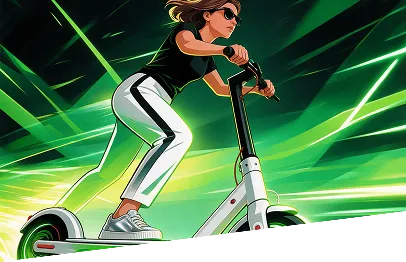 Femme sur une trottinette électrique, illustration aux reflets verts